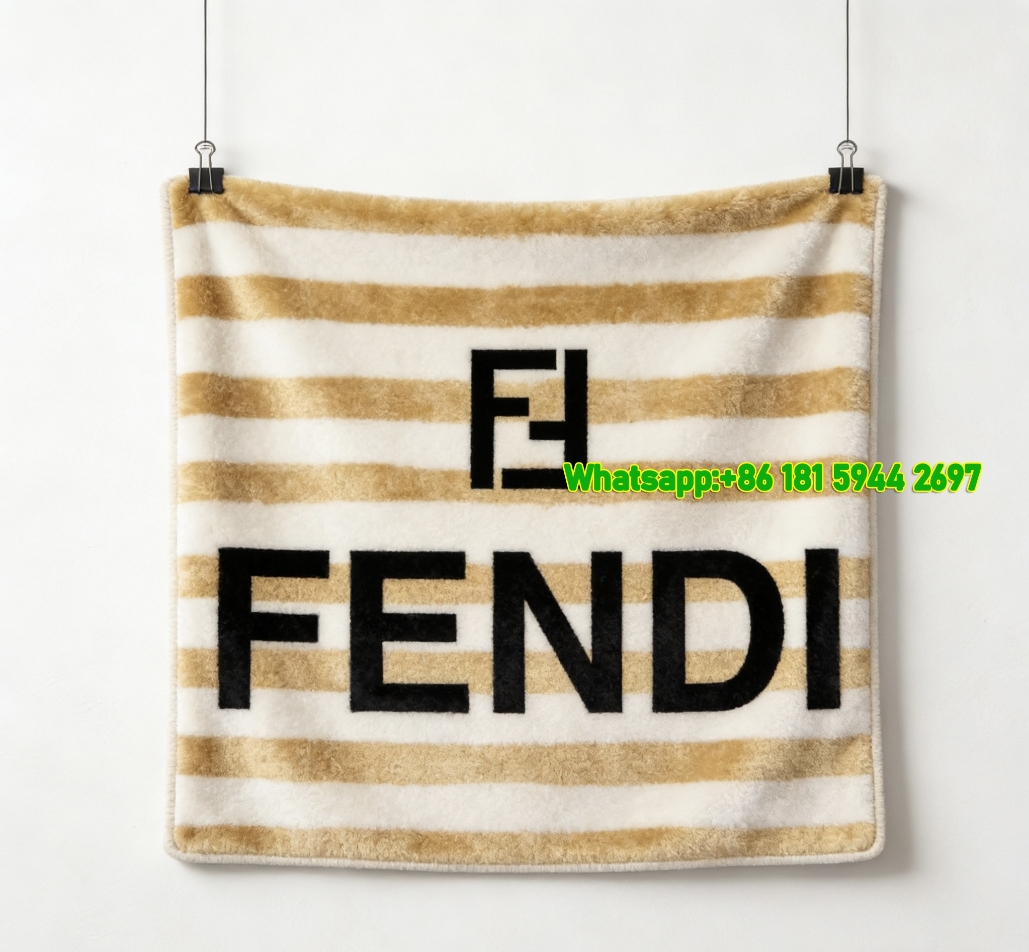 Fendi Gold & White Striped FF Logo Flannel Throw Blanket IMG_9499